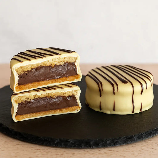 Alfajor keto relleno de ganache de chocolat e85% bañado en chocolate blanco, sin guten ni azucar, bajo en carbos