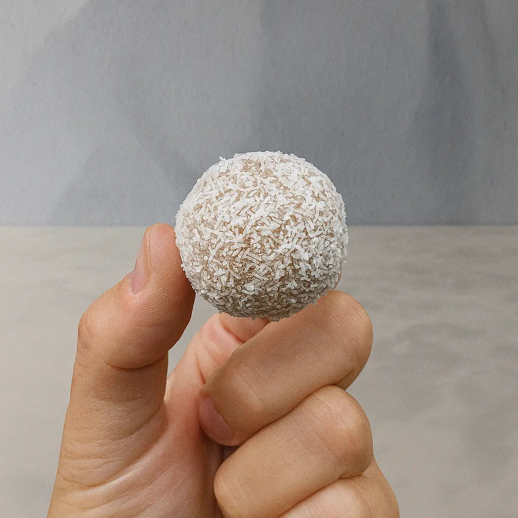 Cocada Keto sin gluten, sin azúcar y bajas en carbohidratos, rellenas con manjar keto y coco rallado natural.