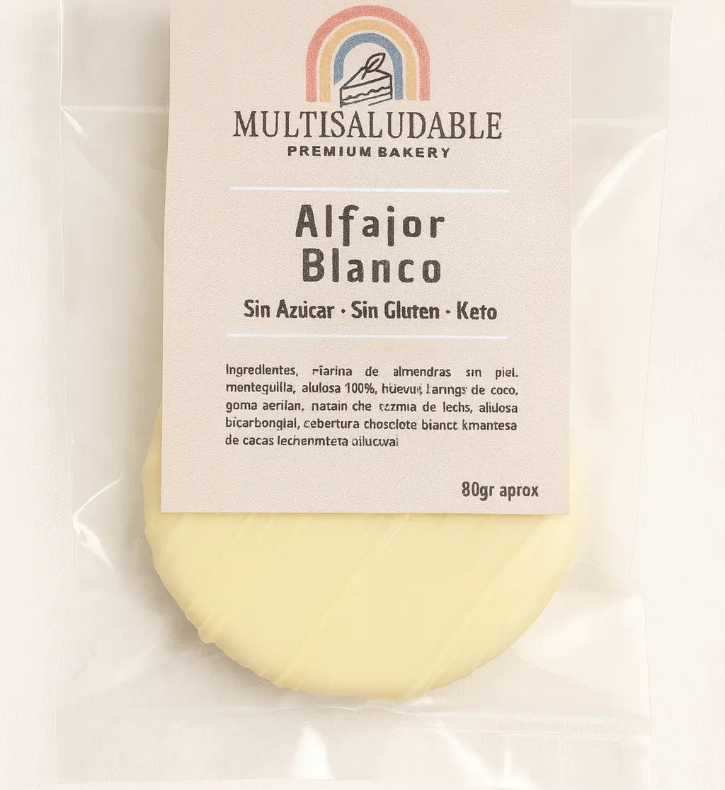 Alfajor keto bañado en chocolate blanco relleno de manjar