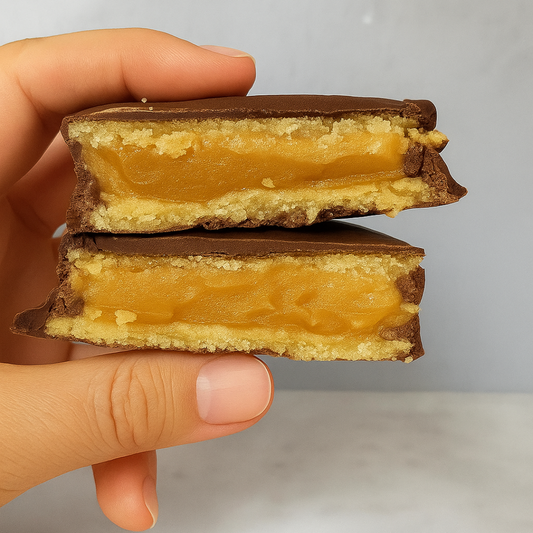 Alfajor de Chocolate Semi Bitter Manjar Keto relleno de manjar keto, sin gluten y sin azúcar.