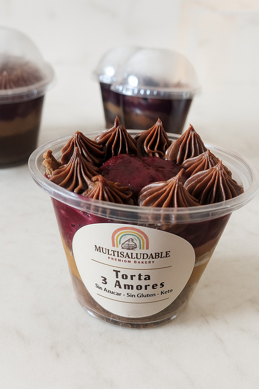 Torta en vaso Tres Amores Ganache • Manjar • Mermelada (210gr) – Sin Gluten, Sin Azúcar y Bajo en Carbohidratos
