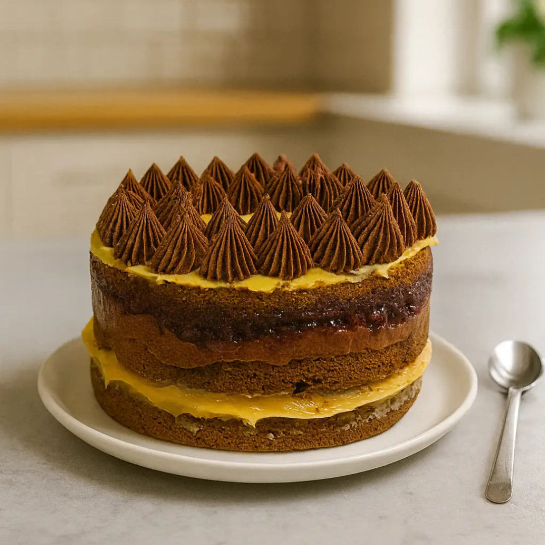 torta 3 amores, con ganache, manjar y mermelada keto, 25cm diametro, aprox 20 a 25 porciones