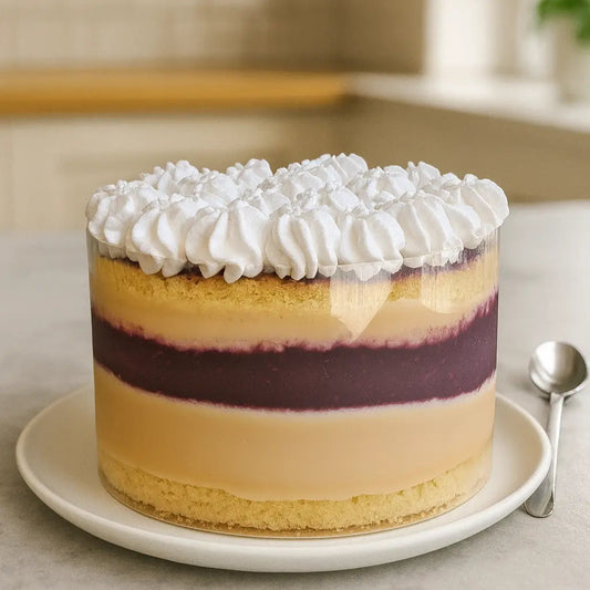 torta manjar berries keto mediana o grande, con capas de bizcocho manjar y mermelada berries, todo sin azucar y gluten