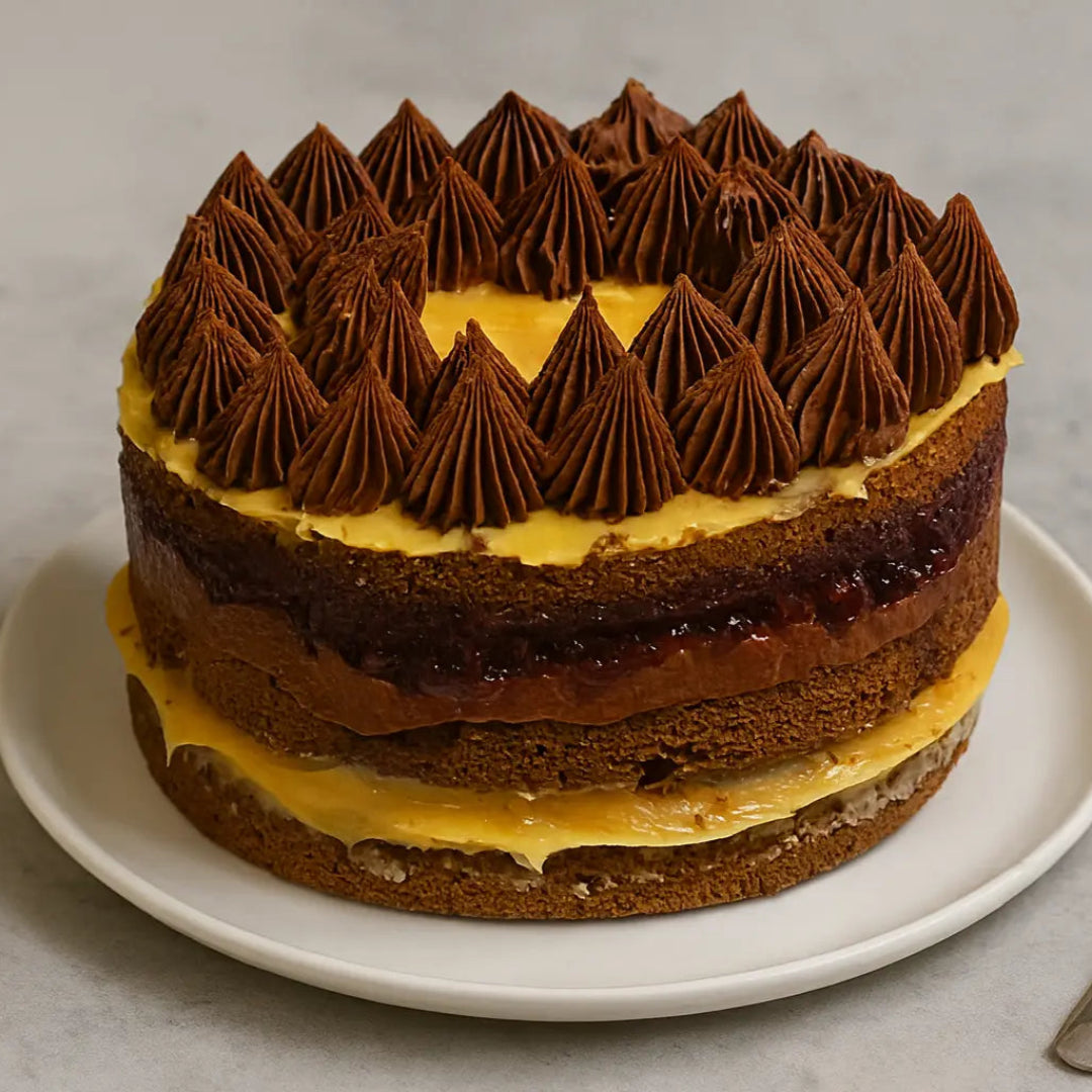 torta 3 amores, con ganache, manjar y mermelada keto, 25cm diametro, aprox 20 a 25 porciones